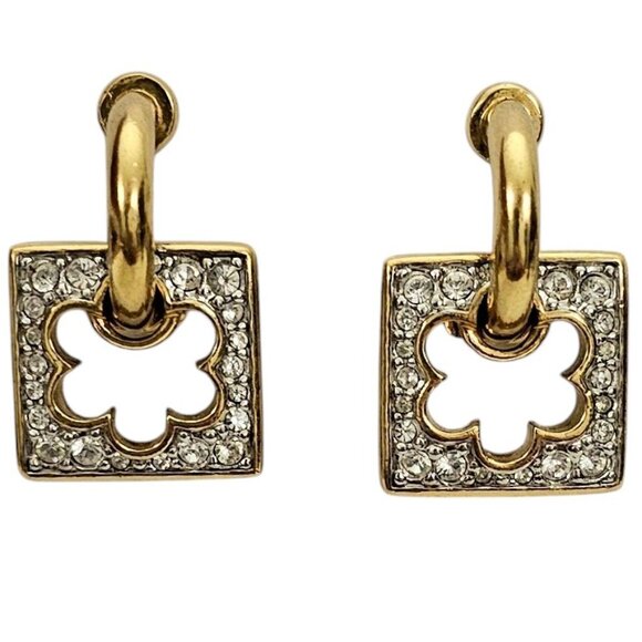 Swarovski Clear Rhinestone Square Flower Shape Dangle Clip Earrings, Signed L805 - Picture 9 of 9